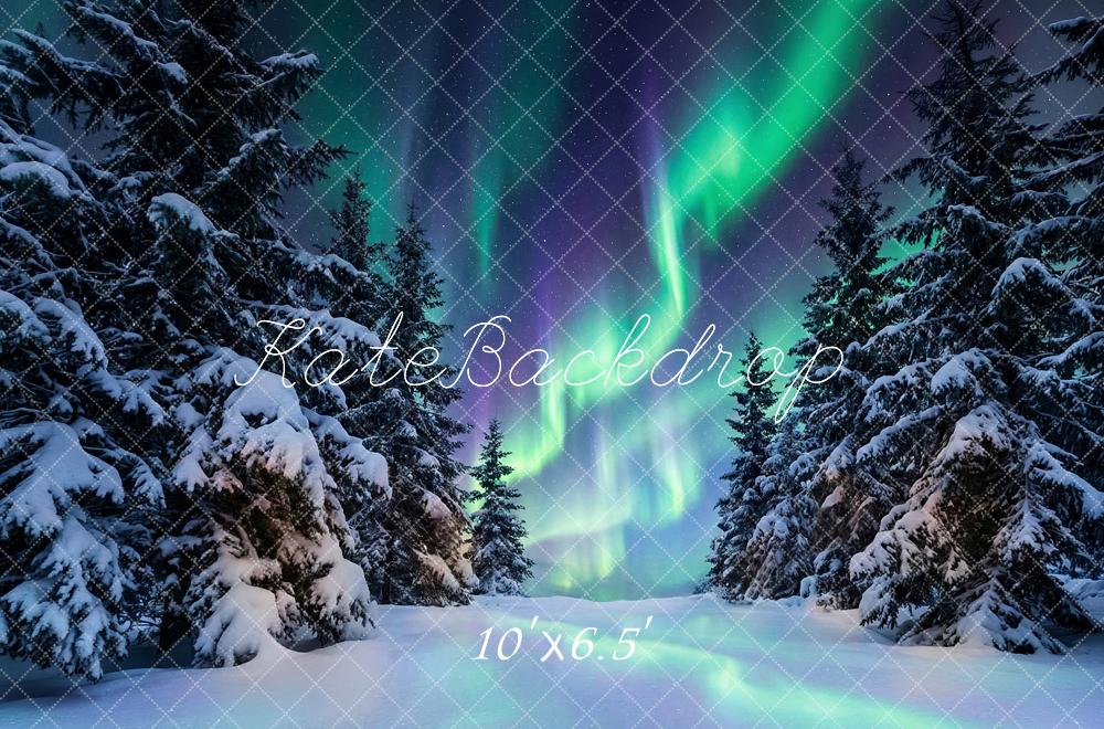 Kate Winter Aurora Borealis Snowy Pine Trees Printed Backdrop Designed by Happy Squirrel Design