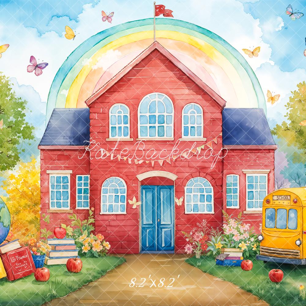 Camino de Regreso a la Escuela Autobús Escolar Rojo Fondo de Arcoíris Designed by Emetselch