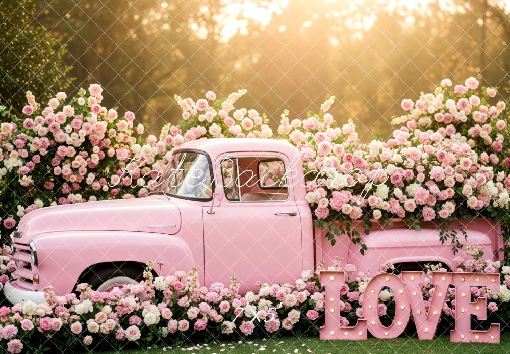 Kate Valentine's Day Truck Pink Flower Arch Love Sign Backdrop Designed by Patty Roberts