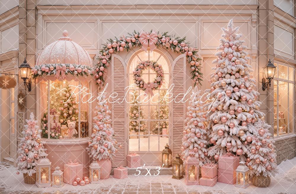 Kate Christmas Shop Pink Snowy Trees Garland Wreath Gift Boxes Printed Backdrop Designed by Emetselch