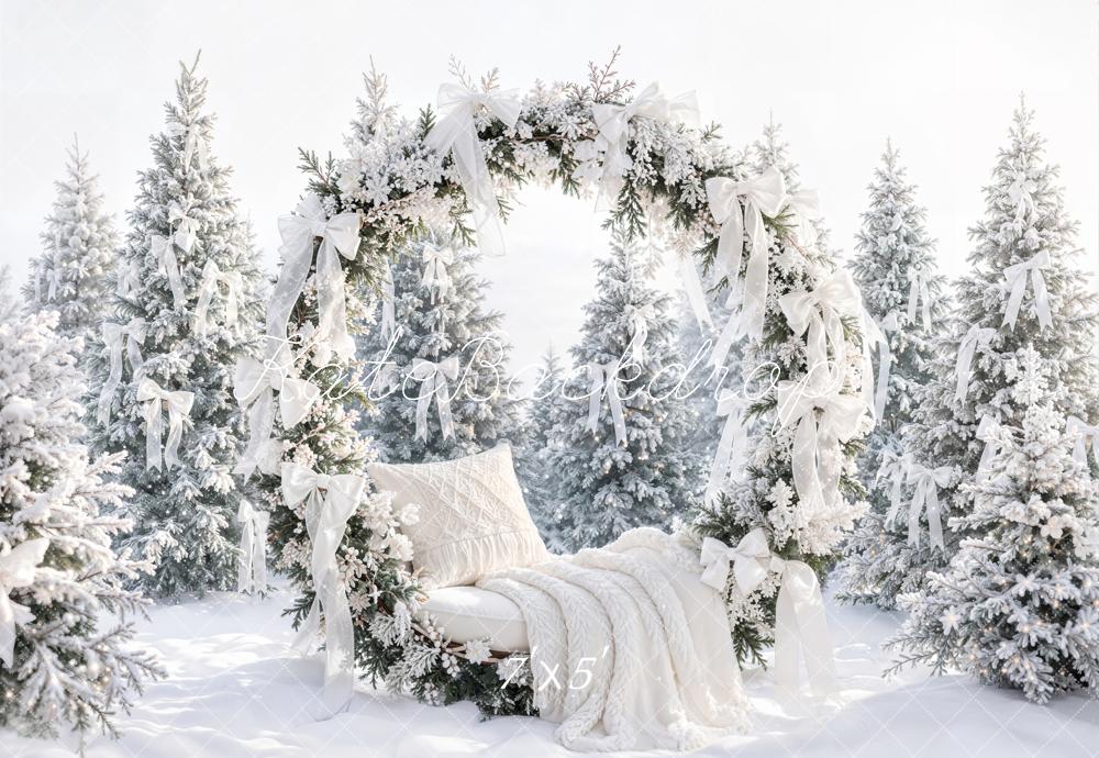 Kate Christmas Flower Arch Snowy Pine Trees White Bows Printed Backdrop Designed by Emetselch