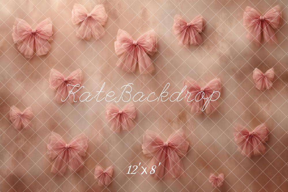 Kate Romantic Soft Pink Bow Tulle Beige Wall Printed Backdrop Printed Backdrop Designed by Angela Miller