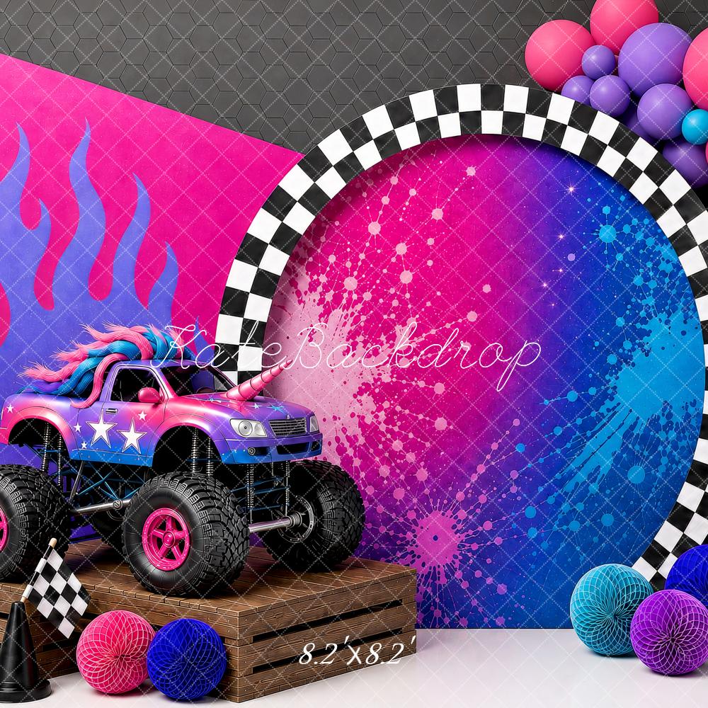 Kate Birthday Truck Racing Checkered Flags Balloons Printed Backdrop Designed by Shutter Swan Studios