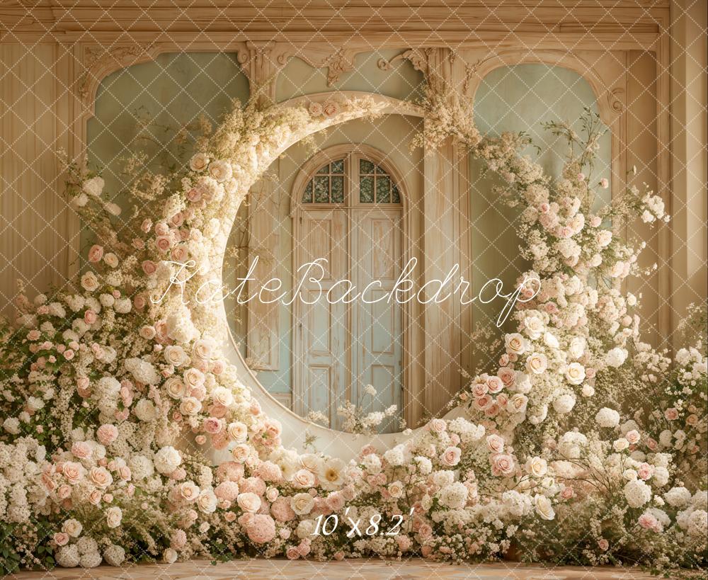 Kate Mother's Day Floral Moon Arch White Roses Wedding Printed Backdrop Designed by Emetselch