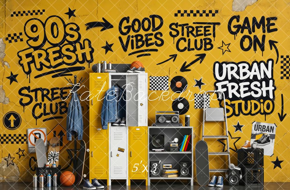 Kate School 90s Yellow Graffiti Locker Street Club Printed Backdrop Designed by Patty Roberts