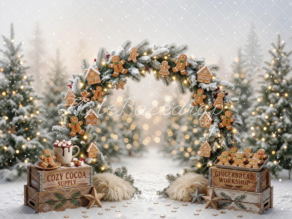 Kate Christmas Gingerbread Cookie Arch Snowy Trees Printed Backdrop Designed by Emetselch