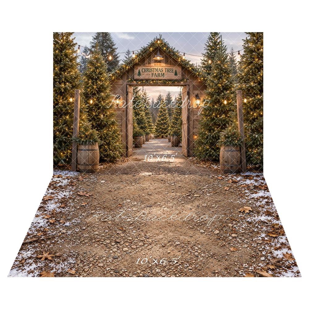 Kate Christmas Tree Farm Gate Wood Rustic Printed Backdrop+Winter Snowy Dirt Path Withered Leaves Floor Printed Backdrop