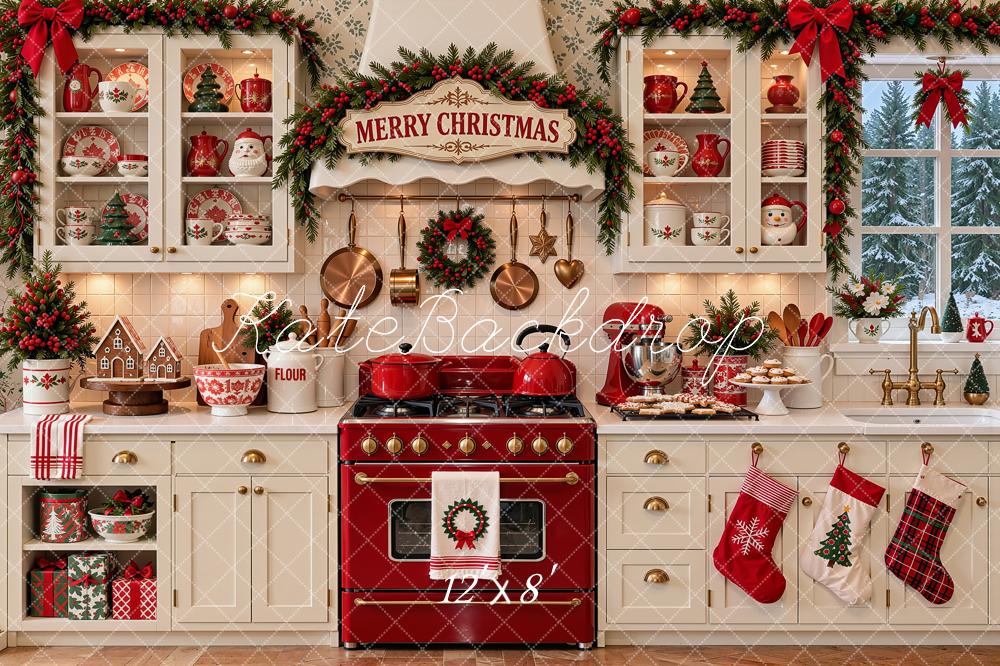 Kate Christmas Kitchen Garland White Cabinets Red Oven Printed Backdrop Designed by Shutter Swan Studios