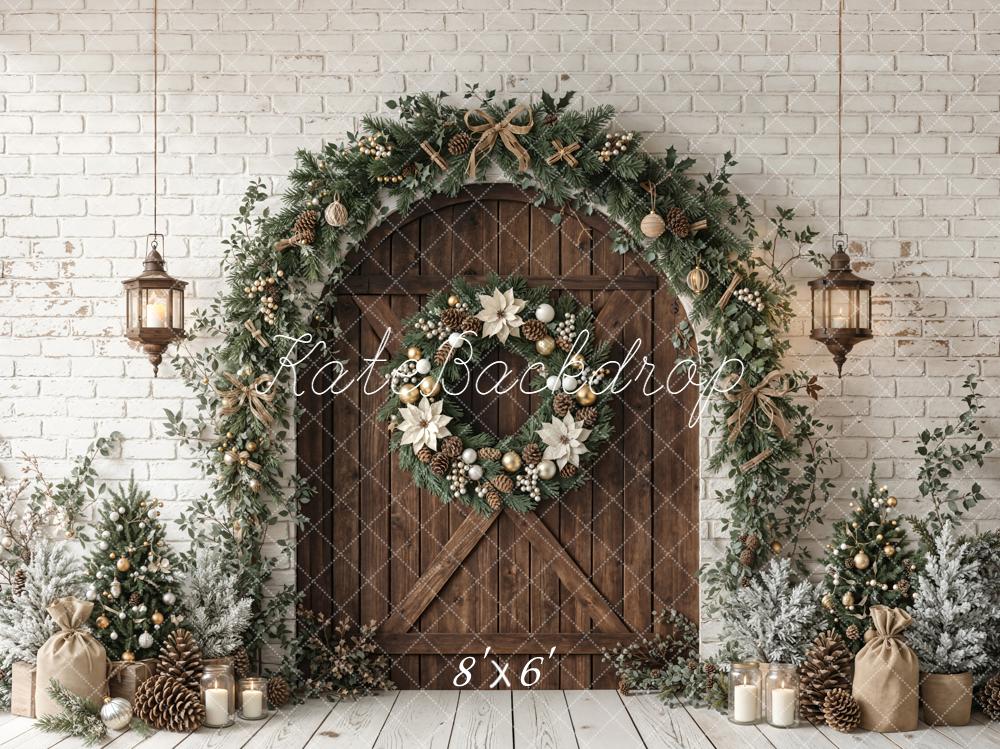 Kate Christmas Wooden Door Garland Wreath White Brick Printed Backdrop Designed by Emetselch