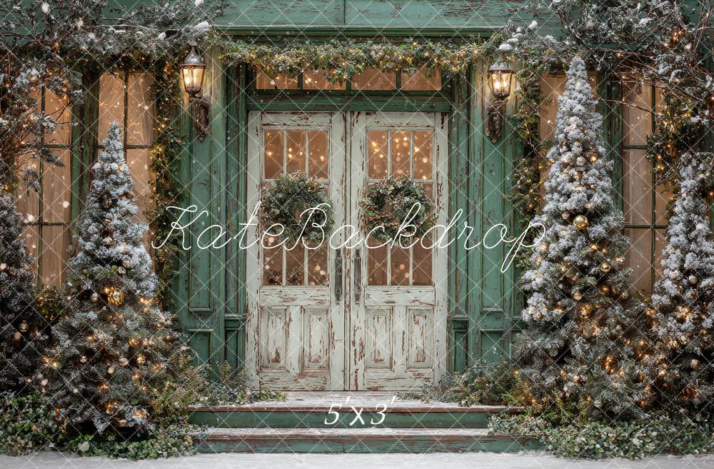 Kate Christmas Snowy Pine Trees Rustic Green Door Backdrop Designed by Ashley Paul