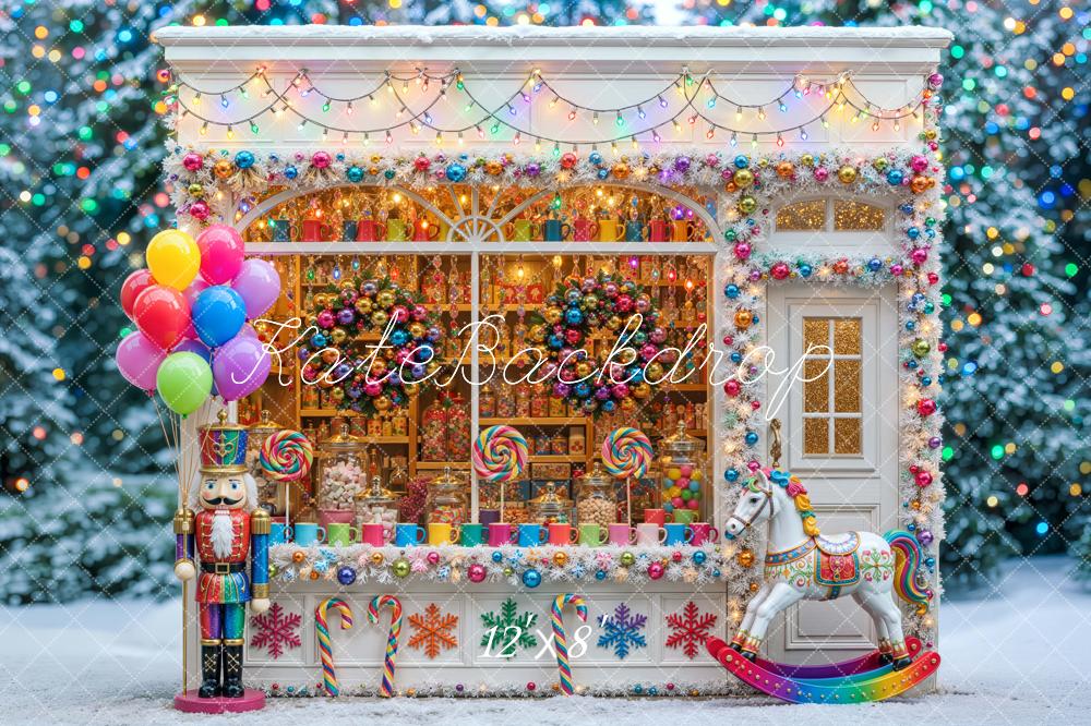 Kate Christmas Candy Shop Nutcracker Colorful Snowy Printed Backdrop Designed by Mini MakeBelieve