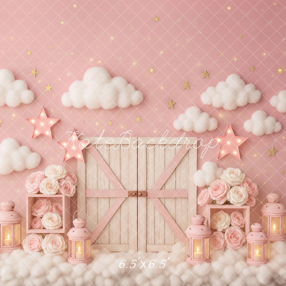 Kate Cake Smash Pink Clouds Barn Door Stars Backdrop Designed by Ashley Paul