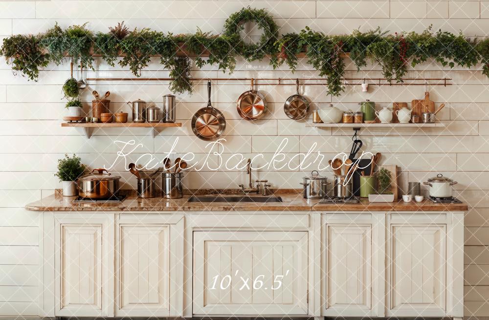 Kate Christmas Kitchen White Cabinets Cookware Backdrop Designed by Emetselch