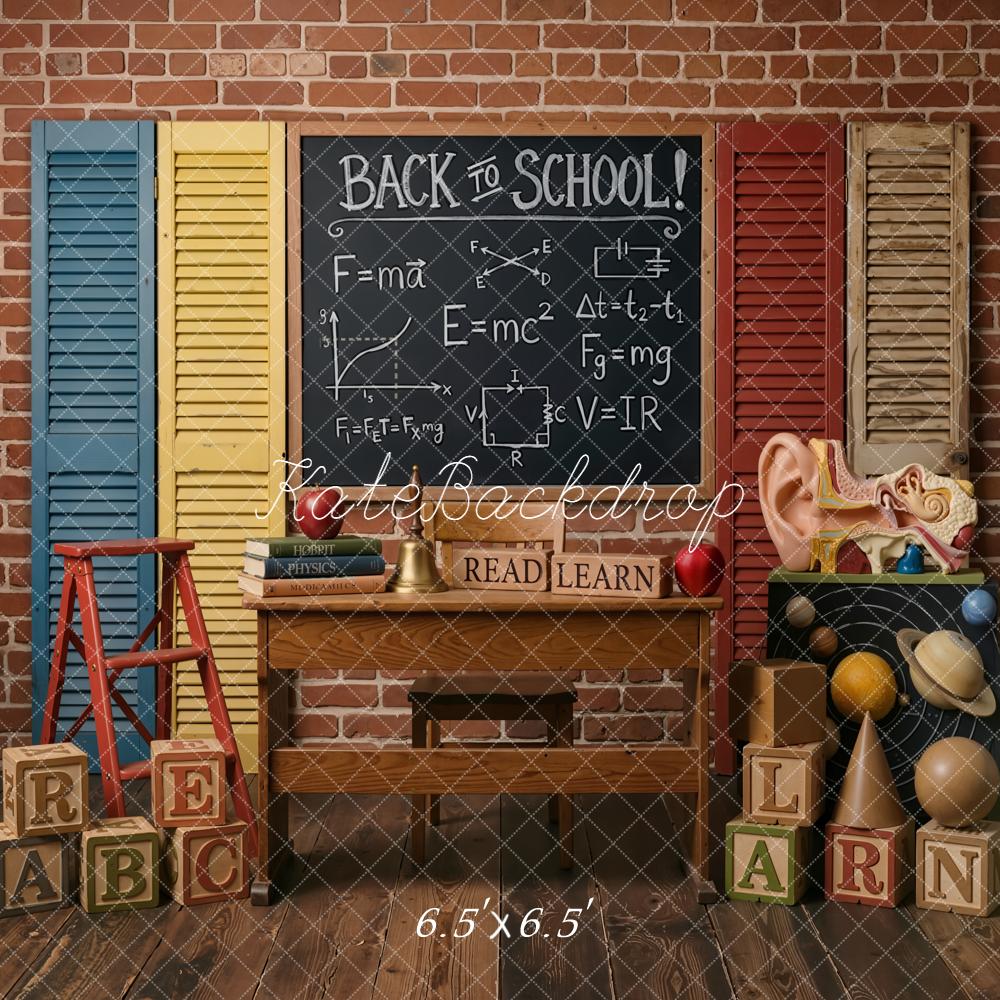 Kate Back To School Blackboard Brick Wall Books Blocks Printed Backdrop Designed by Emetselch