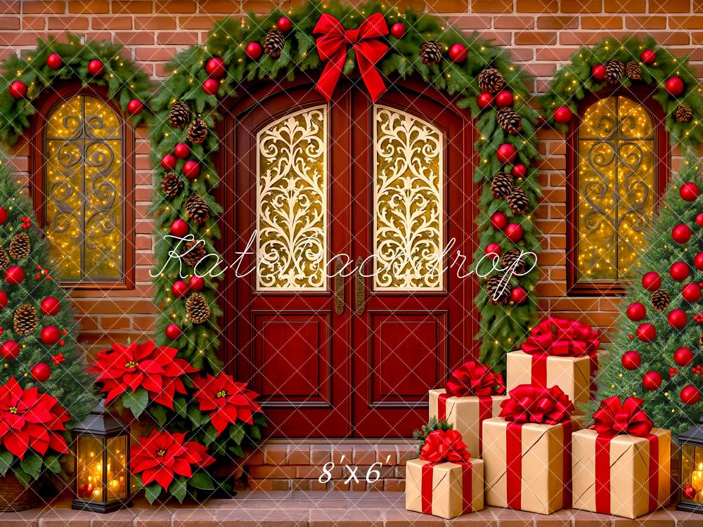 Kate Christmas Red Door Garland Gift Boxes Poinsettia Backdrop Designed by Mini MakeBelieve