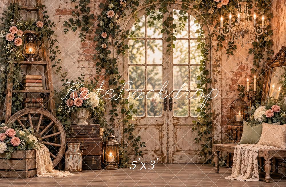 Kate Spring Brown Vintage Floral Brick Wall French Door Printed Backdrop Designed by Laura Bybee