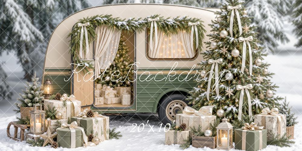 Kate Christmas Vintage Camper Tree Bows Snowy Forest Presents Printed Backdrop Designed by Emetselch