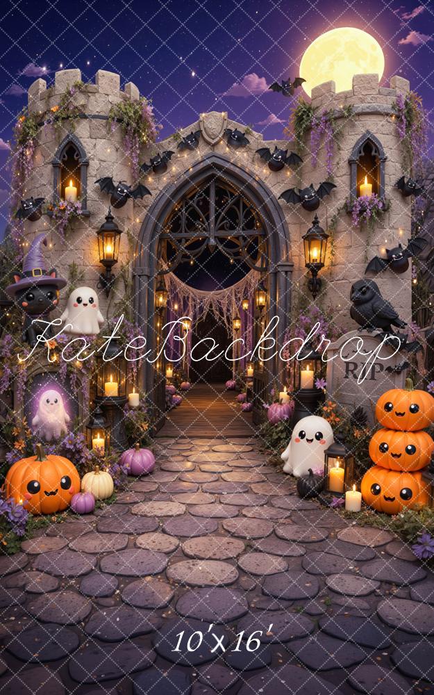 Kate Halloween Trunk or Treat Cute Castle Ghosts Pumpkins Bats Printed Backdrop Designed by Mini MakeBelieve
