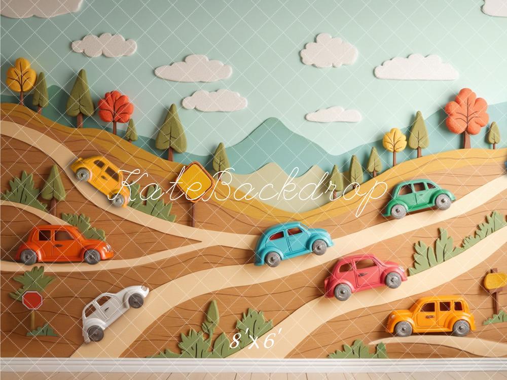 Kate Cartoon Cars Hillside Road Trees Clouds Printed Backdrop Designed by Laura Bybee