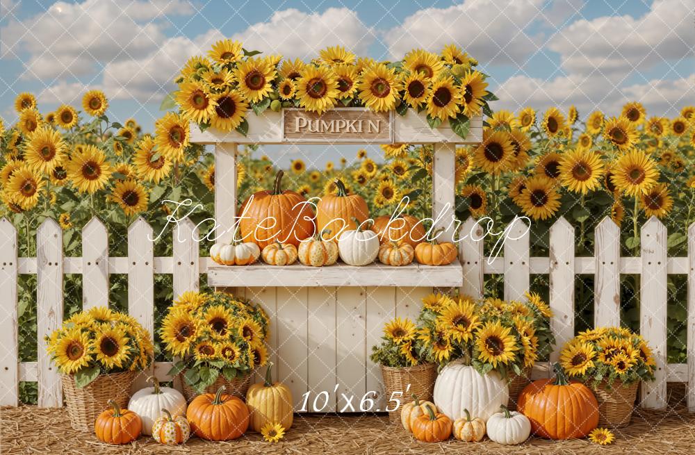 Kate Fall Sunflower Pumpkin Stand White Fence Backdrop Designed by Emetselch