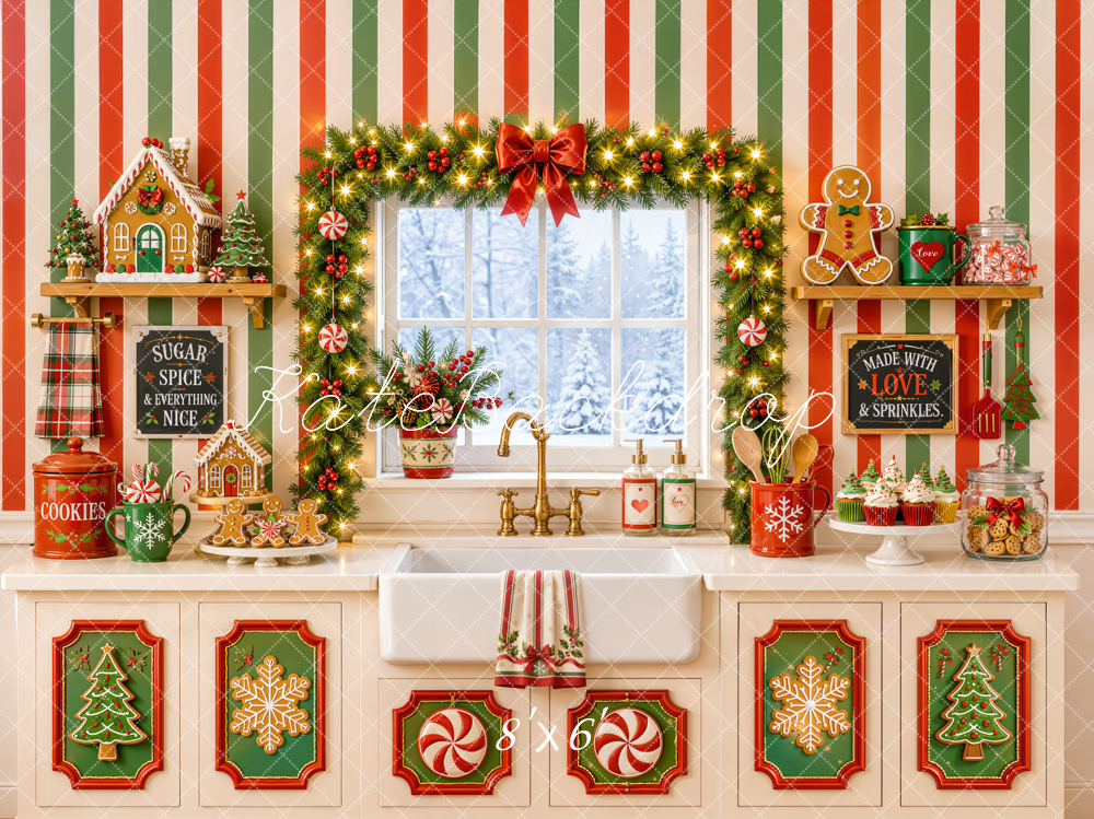 Kate Christmas Kitchen Gingerbread Cookies Garland Striped Wall Printed Backdrop Designed by Emetselch
