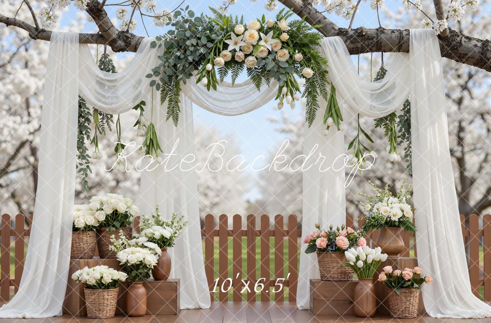 Kate Spring Flower Arch White Drapes Cherry Blossoms Backdrop Designed by Mini MakeBelieve