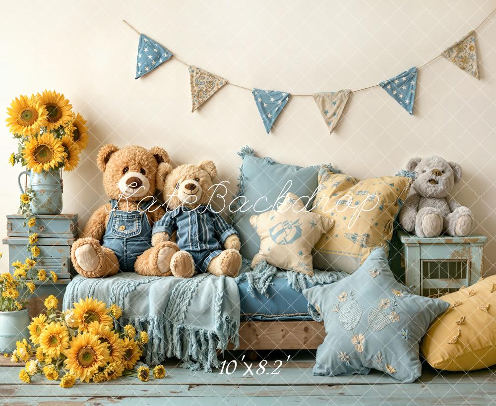 Kate Teddy Bears Sofa Sunflowers Blue Pillows Printed Backdrop Designed by Emetselch