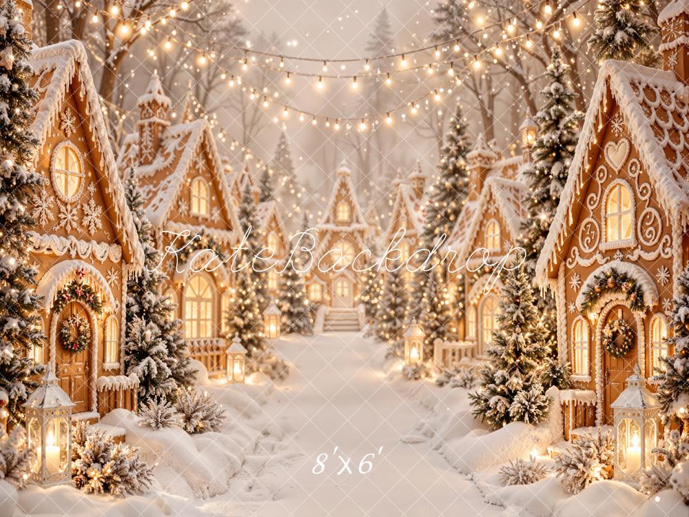 Kate Christmas Gingerbread Village Snowy Trees String Lights Printed Backdrop Designed by Emetselch
