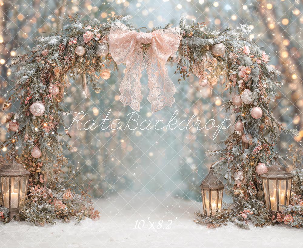 Kate Christmas Arch Pink Bow Lanterns Snowy Forest Backdrop Designed by Ashley Paul