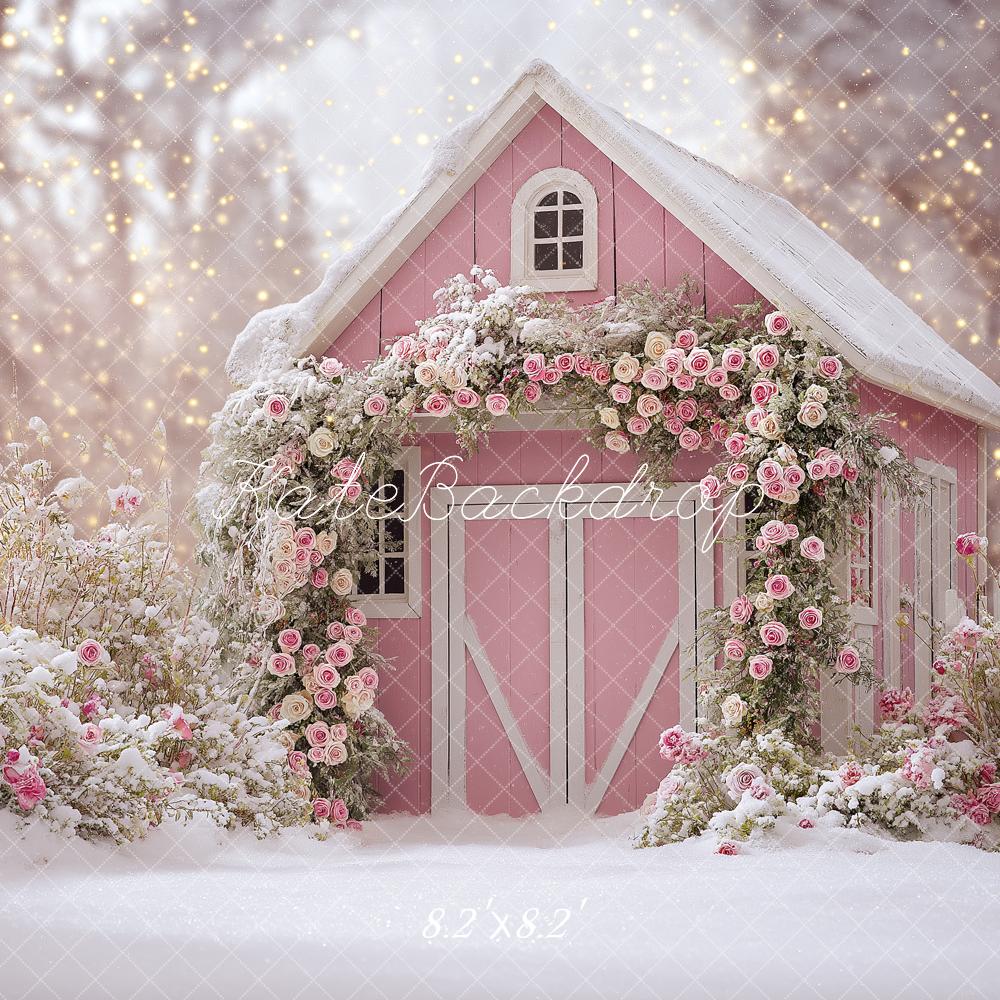 Kate Winter Pink House Flower Arch Snow Backdrop Designed by Angela Miller