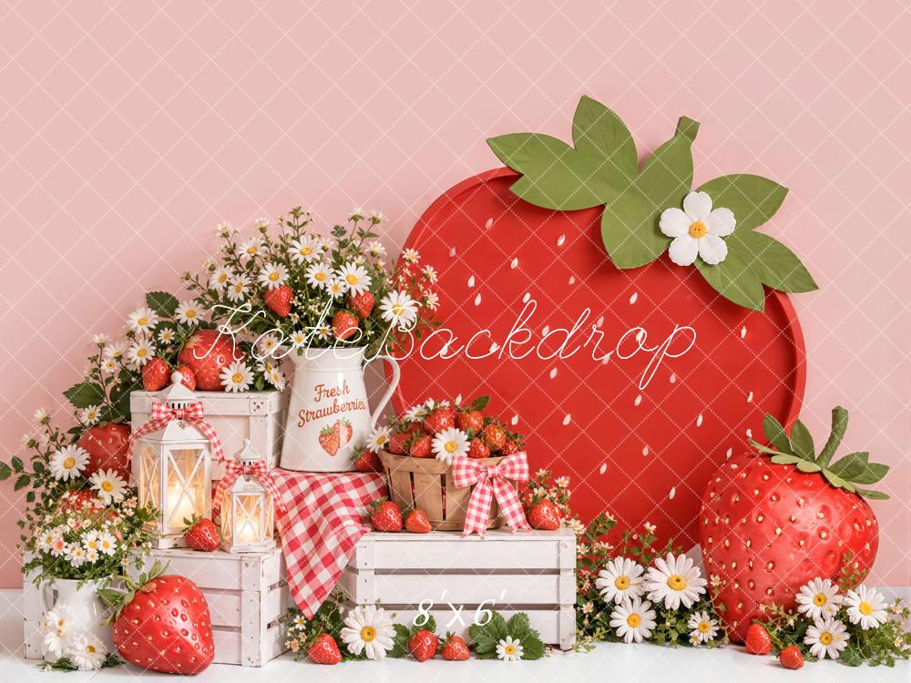 Kate Pink Strawberry Daisy Picnic Printed Backdrop Designed by Emetselch