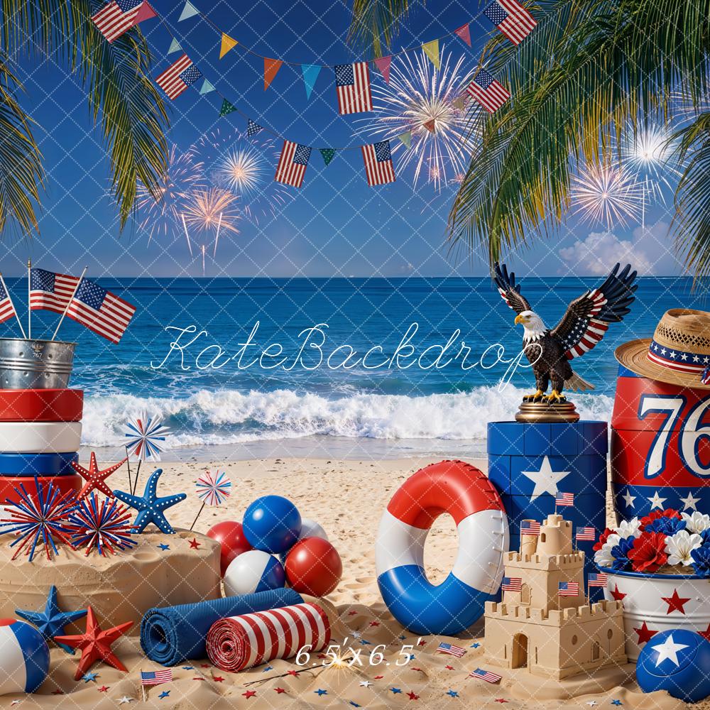 Kate Summer Patriotic Beach Fireworks Surfboard Eagle Sandcastle Printed Backdrop Designed by Emetselch