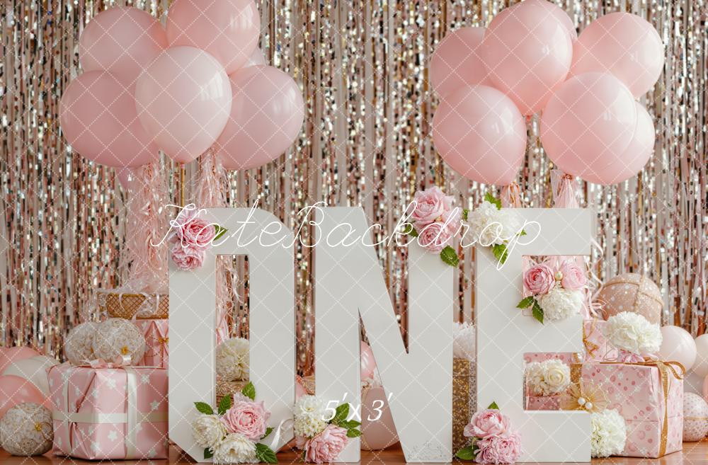 Kate Pink One Cake Smash Balloons Flowers Backdrop Designed by Emetselch