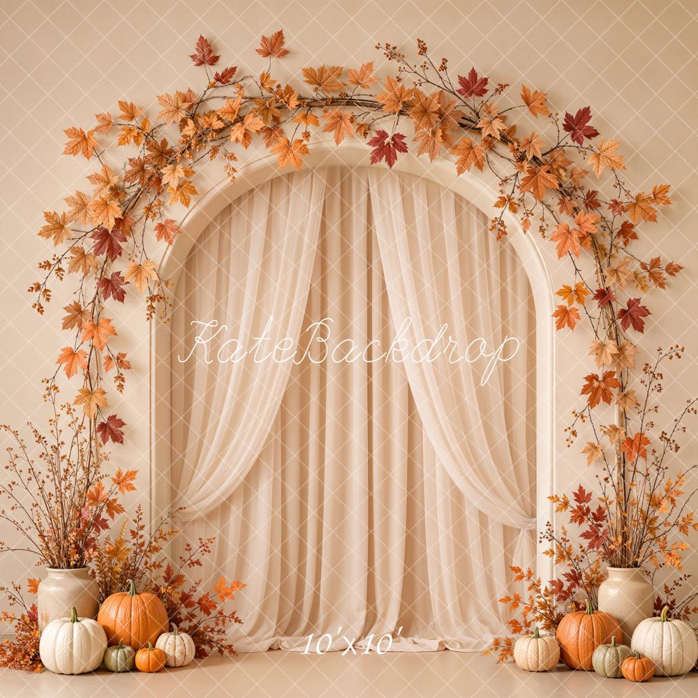 Kate Fall Maple Leaves Arch Pumpkins Beige Wall Printed Backdrop Designed by Emetselch