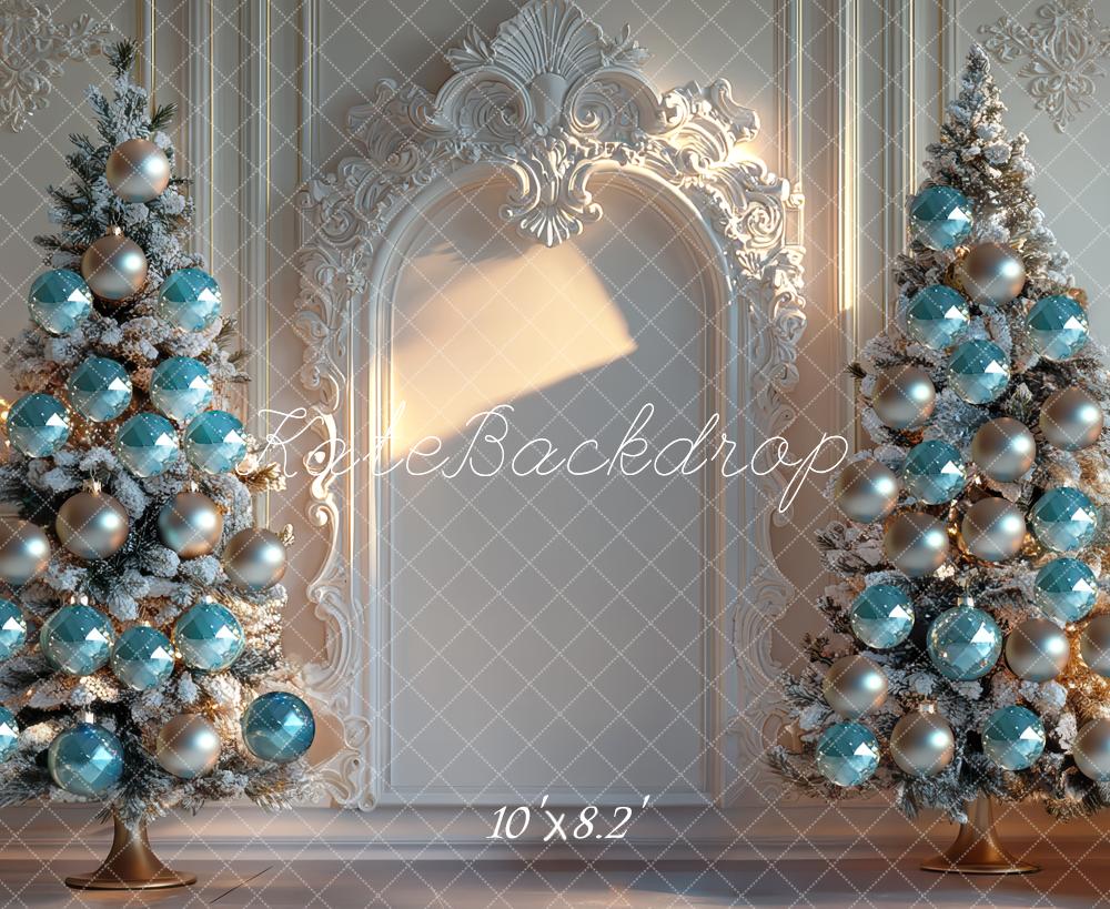 Kate Christmas Frosted Trees Blue Ornaments Arch Backdrop Designed by Mini MakeBelieve