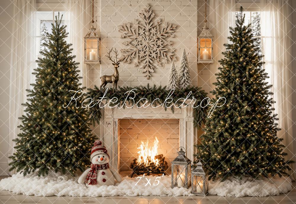 Kate Christmas Trees Snowflake Fireplace Snowman Printed Backdrop Designed by Emetselch