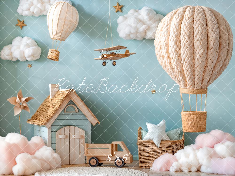 Kate Cake Smash Hot Air Balloon Airplane Cloud House Blue Backdrop Designed by Emetselch