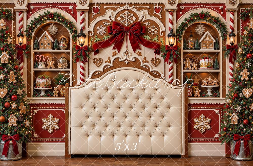Kate Christmas Gingerbread Headboard Trees Shelves Bow Printed Backdrop Designed by Shutter Swan Studios
