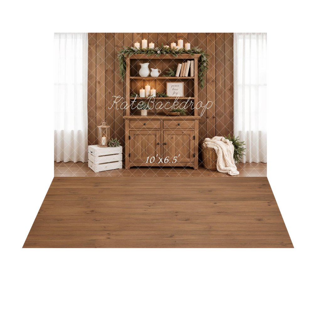 Kate Christmas Wooden Cabinet Candles Garland Lantern Crate Basket Printed Backdrop+Brown Wood Plank Floor Printed Backdrop