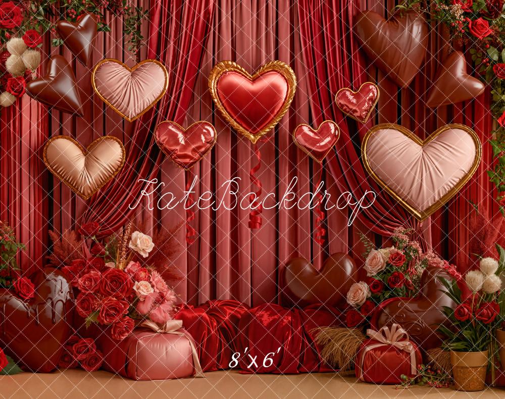 Kate Valentine's Day Heart Balloons Red Roses Curtains Backdrop Designed by Emetselch