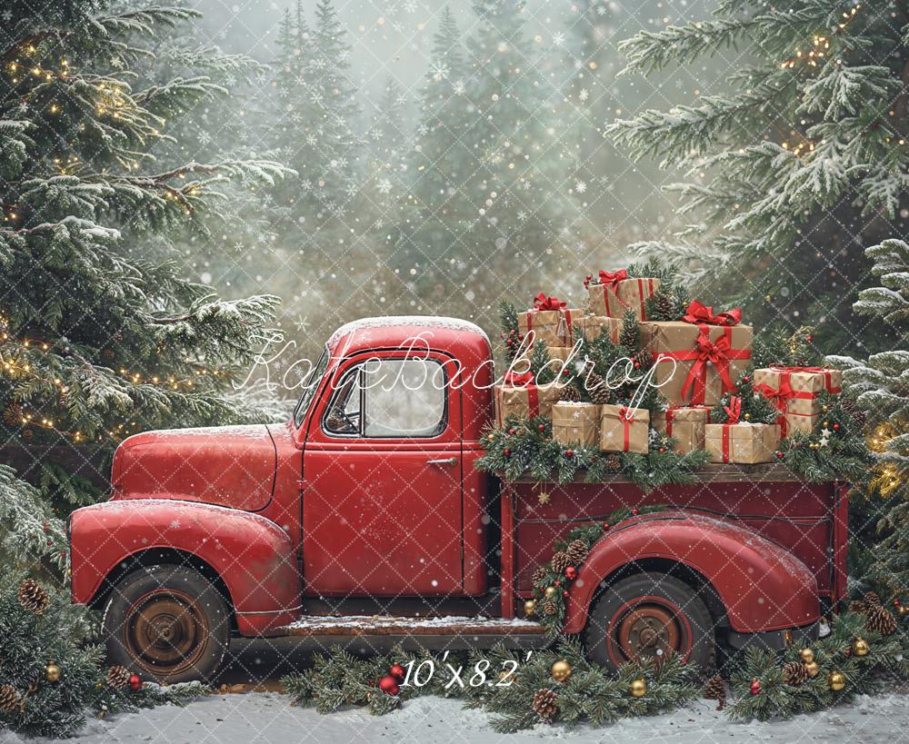 Kate Christmas Red Truck Gifts Pine Trees Snowy Backdrop Designed by Emetselch