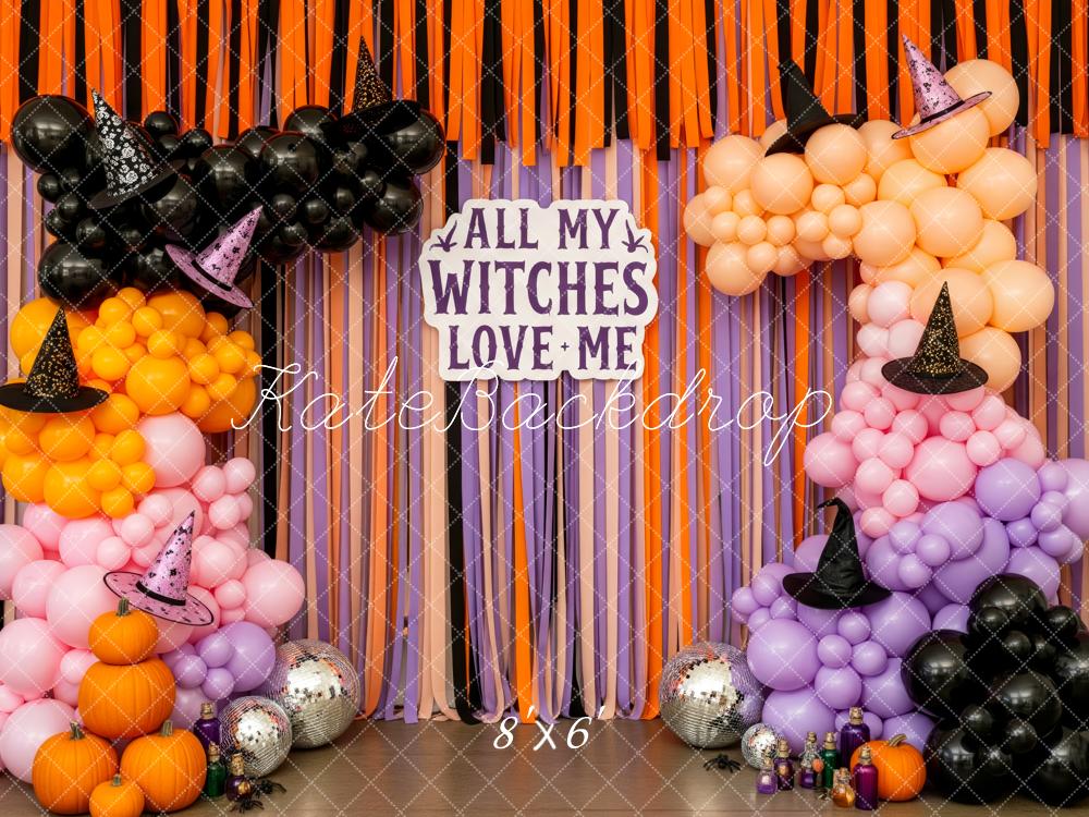 Kate Halloween Balloon Arch Witch Hat Pumpkins Orange Purple Backdrop Designed by Patty Roberts