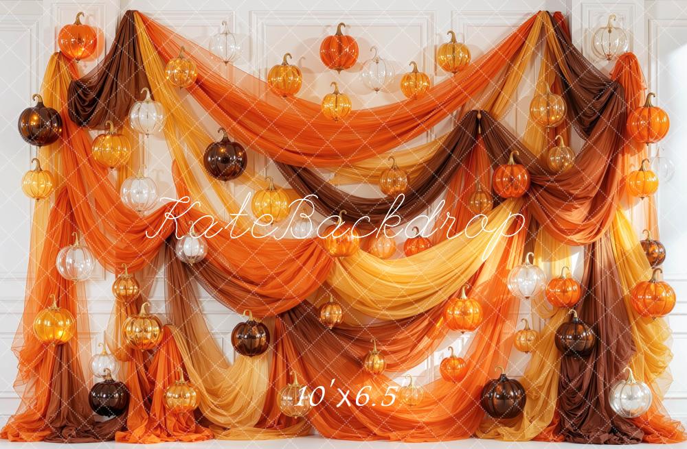 Kate Halloween Orange Glass Pumpkins Drapes Printed Backdrop Designed by Mini MakeBelieve