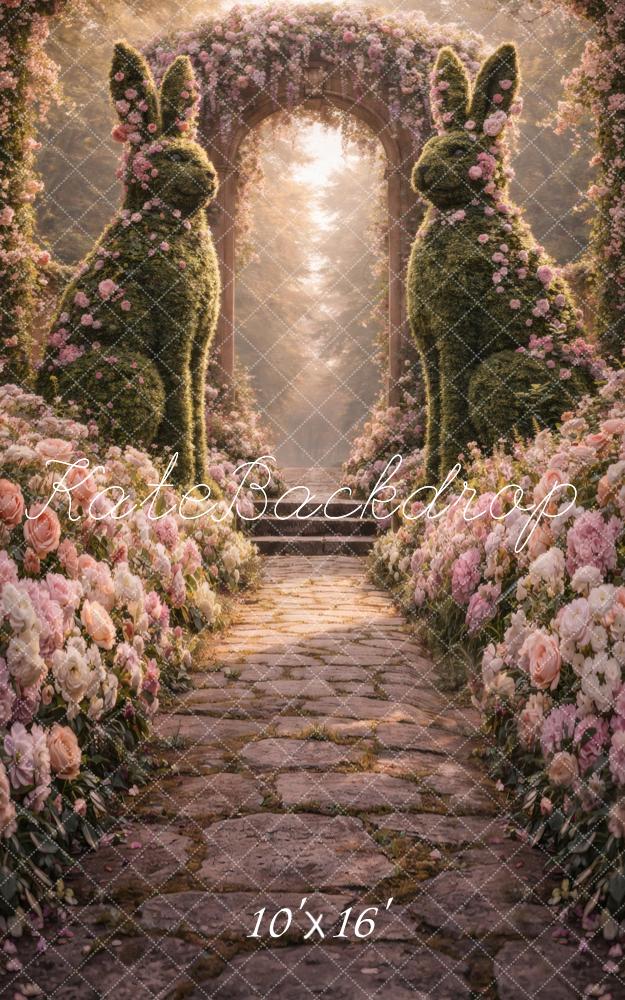 Kate Sweep Flower Arch Bunny Topiary Cobblestone Path Printed Backdrop Designed by Vertigo Productions