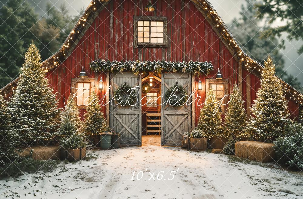 Kate Christmas Red Barn Snowy Pine Trees Backdrop Designed by Emetselch