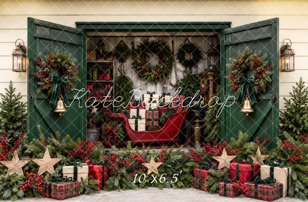 Kate Christmas Green Door Sleigh Wreath Gift Display Printed Backdrop Designed by Patty Roberts