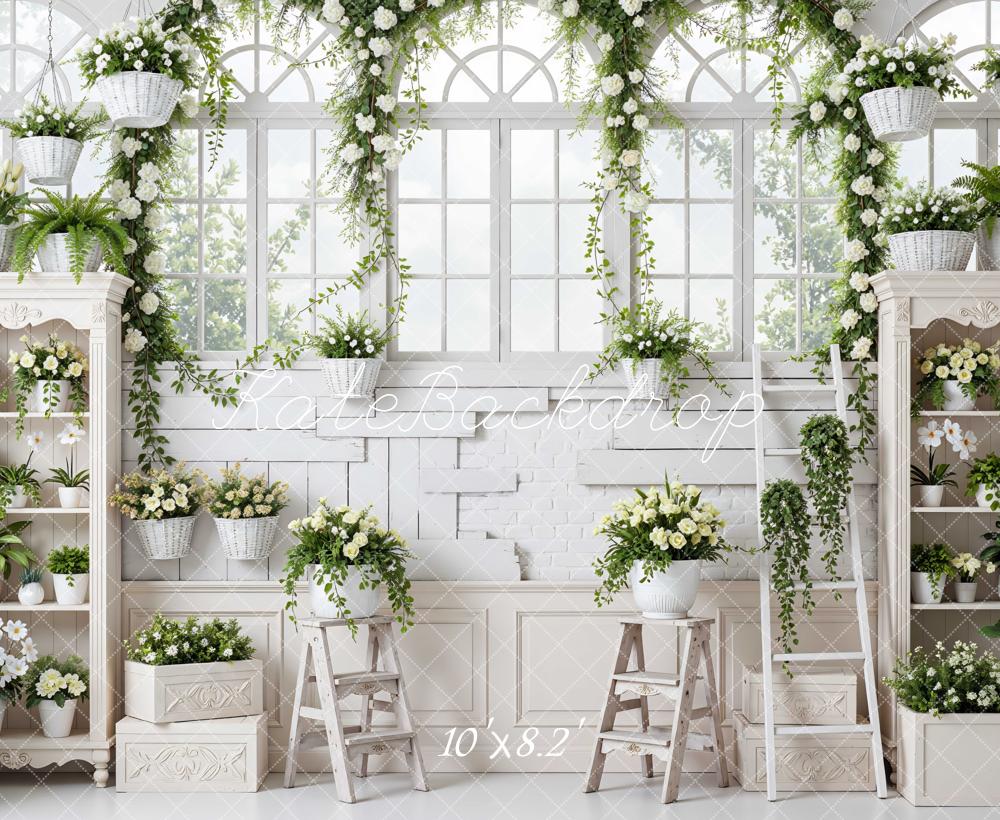 Kate Spring White Garden Flower Arch Shelves Printed Backdrop Designed by Mini MakeBelieve