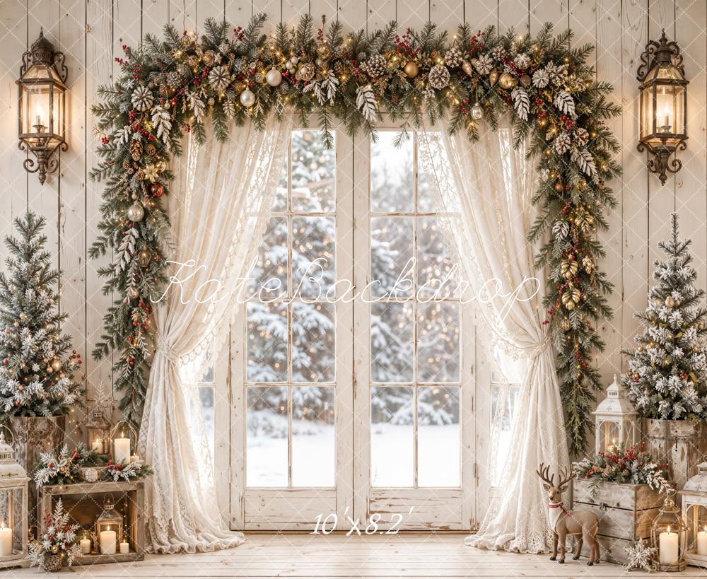 Kate Christmas Winter Window Garland Arch White Curtains Printed Backdrop Designed by Emetselch