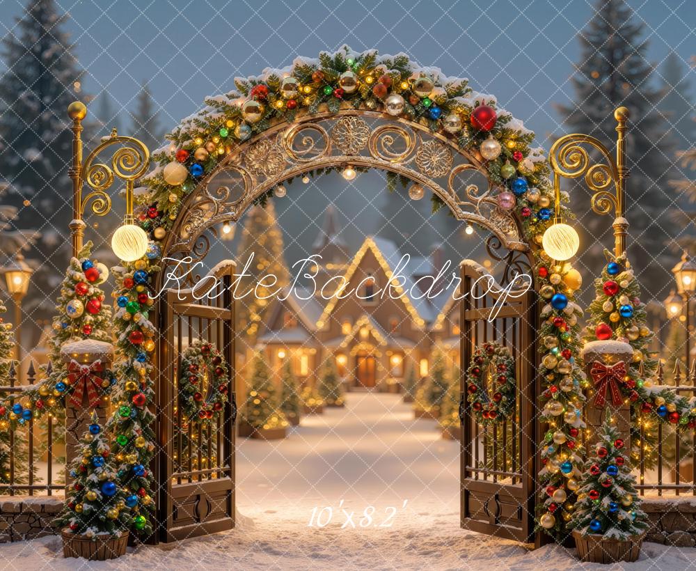 Kate Christmas Glow Colorful Village Gate Arch Snowy Ornament Printed Backdrop Designed by Mini MakeBelieve