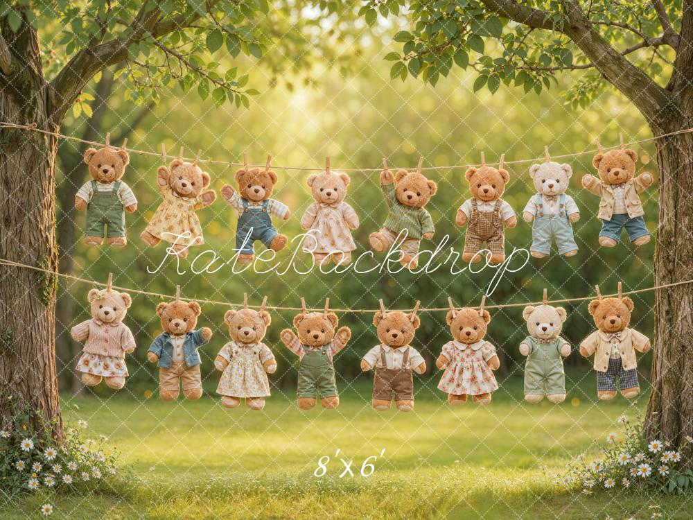 Kate Laundry Day Teddy Bears Clothesline Outdoor Trees Printed Backdrop Designed by Emetselch